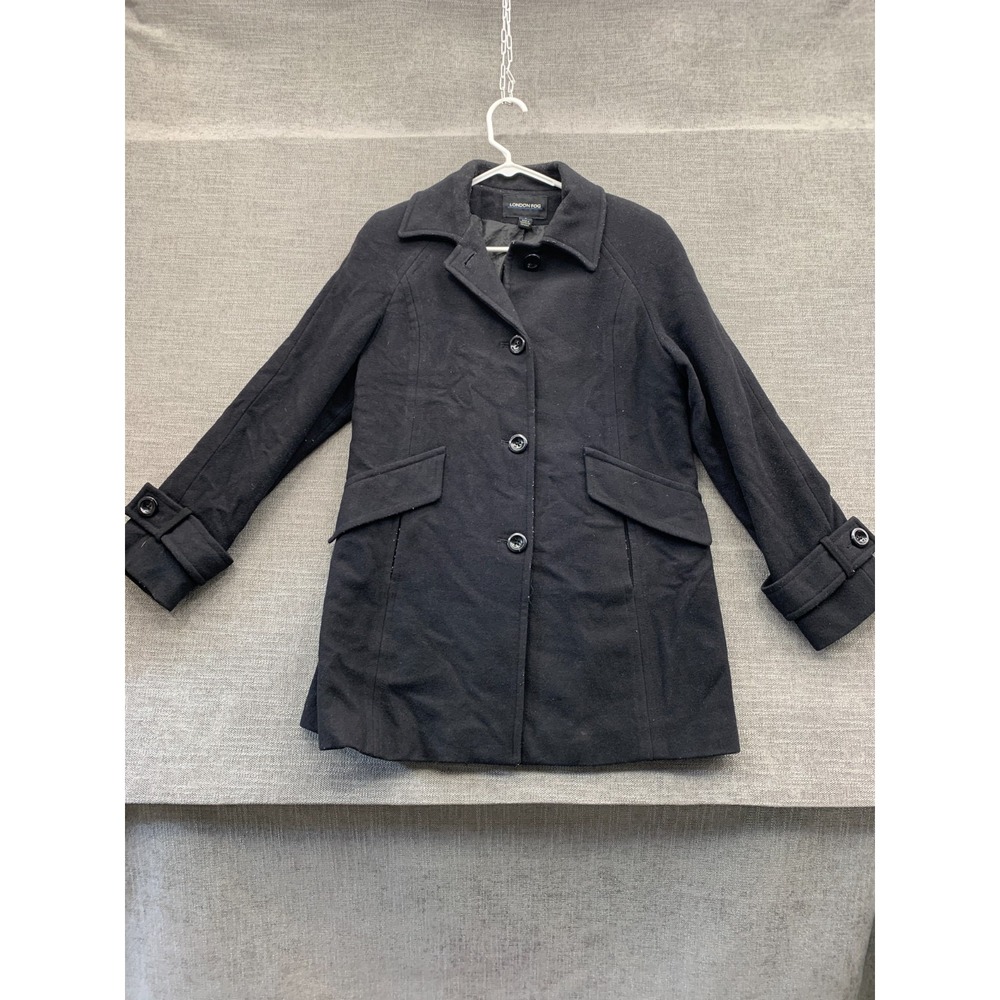 London Fog Coat Womens Small Black Wool Blend Lined Classic Fit Button Front